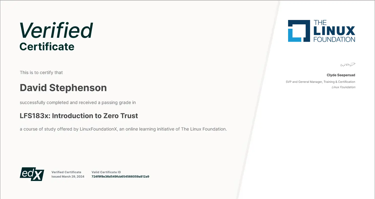 Screenshot of 'Introduction to Zero Trust' certificate