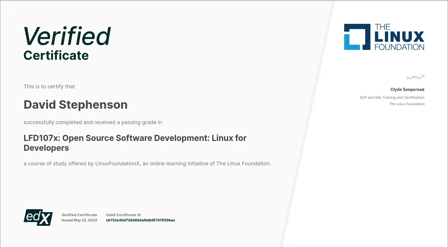 Screenshot of 'Linux for Developers' certificate