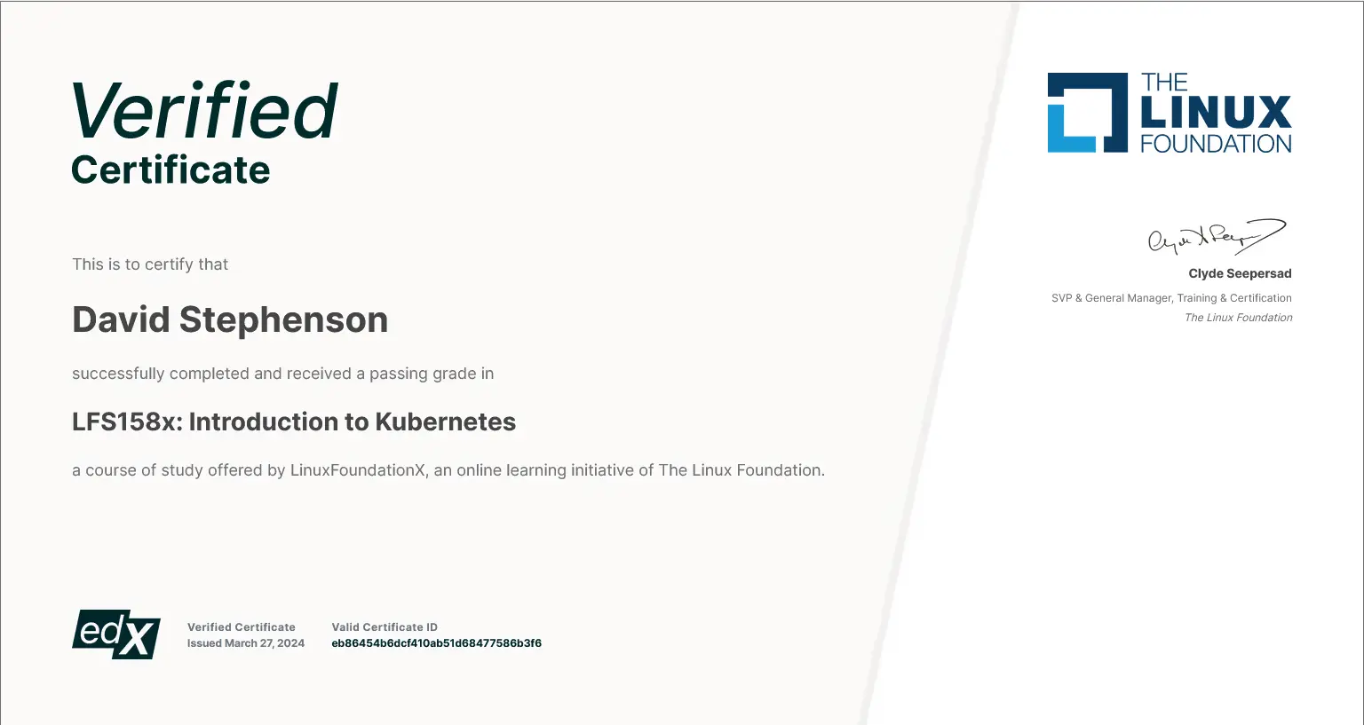 Screenshot of 'Introduction to Kubernetes' certificate