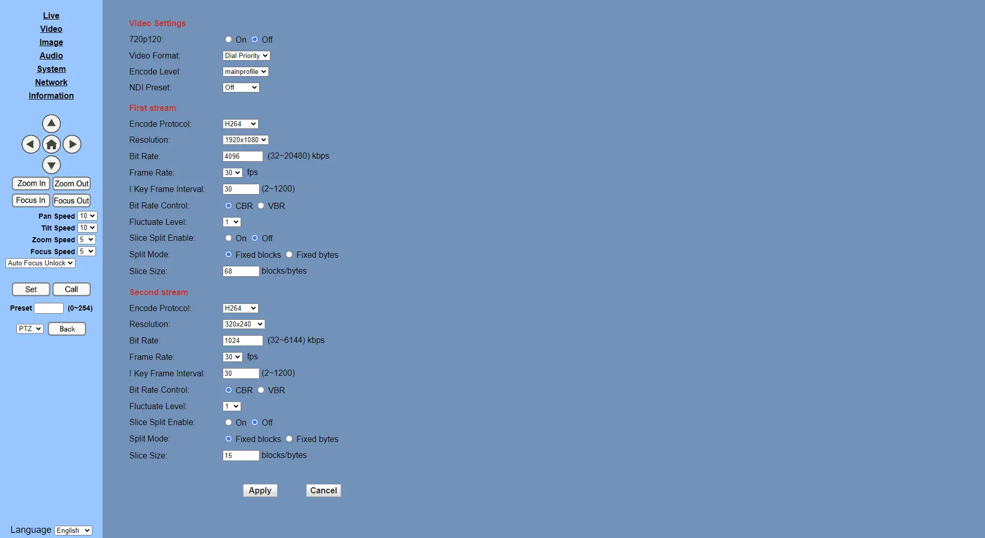 SCreenshot of the cameras web interface