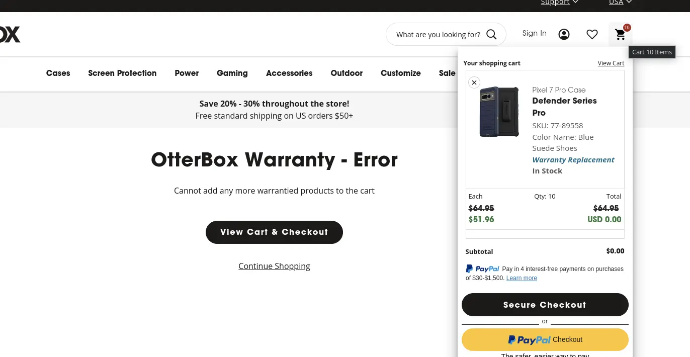 Screenshot from the cart on the OtterBox website showing multiple cases and screen protectors with the price shown as $0.00.