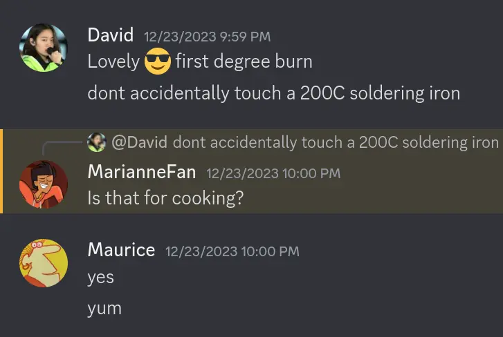 Discord screenshot: David says: 'lovely first degree burn. dont accidentally touch a 200 celcius soldering iron.' MarianneFan asks: 'Is that for cooking?' Maurice says: 'Yes, yum'