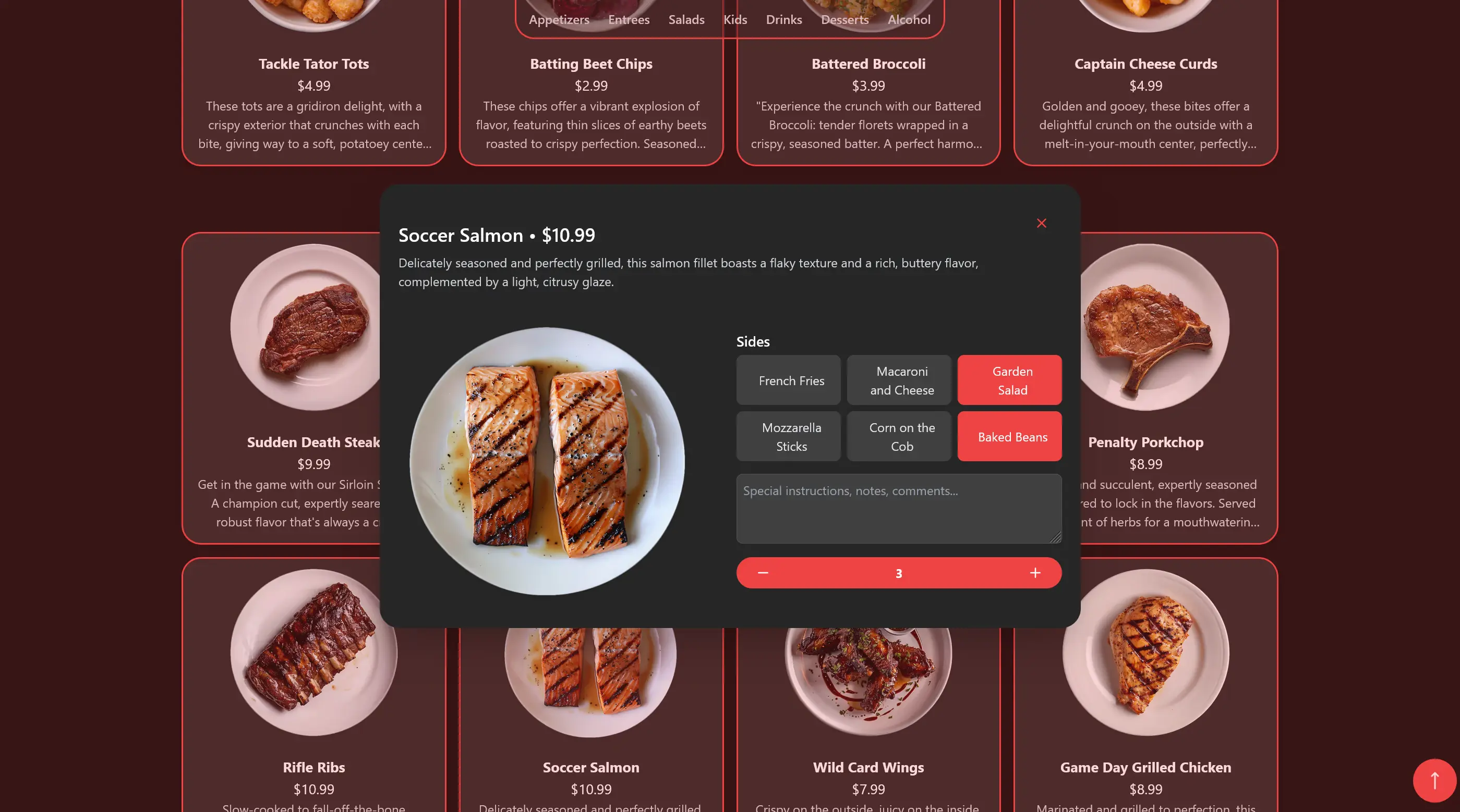 Game Day Grill's menu ordering modal